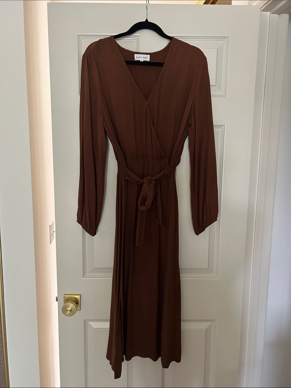 Bella Dahl Long Sleeve Brown Wrap Dress with Waist Tie